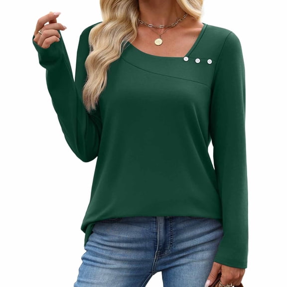 Ounisa Women'S Casual Tops Solid Color Oblique Neck Button Fashionable Loose Long-Sleeved T-Shirt Top Square Neck Button Blouses Outfits Fall Clos