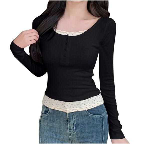 Ounisa Women Sexy V Neck Lace Long Sleeve Shirts Basic Fitted Lined Trendy Fall Tops