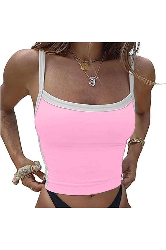 Women Strappy Square Neck Tank Top Color Block Sleeveless Cropped Cami Y2k Egirl Crop Vest Shirt Streetwear