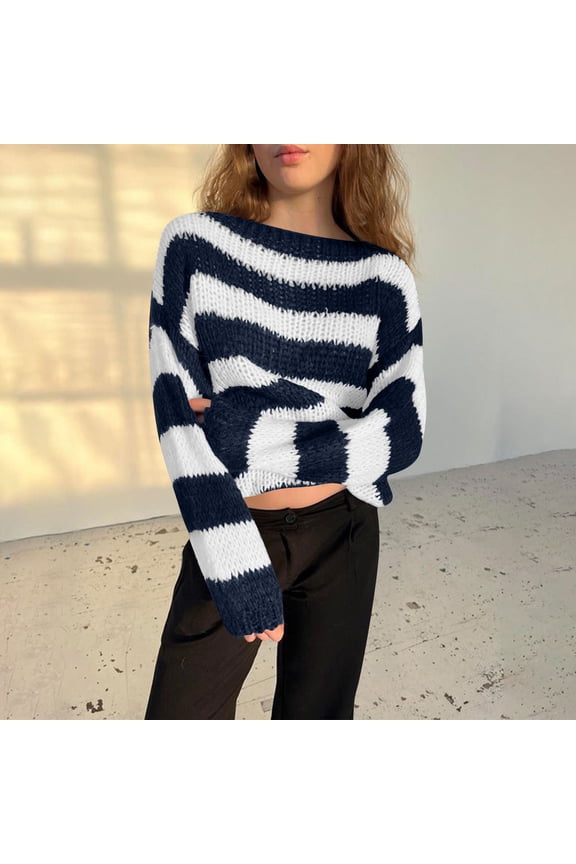 Women Striped Knit Sweaters 2025 Oversized Fall Winter Drop Shoulder Color Block Long Sleeve Loose Fit Pullover Tops