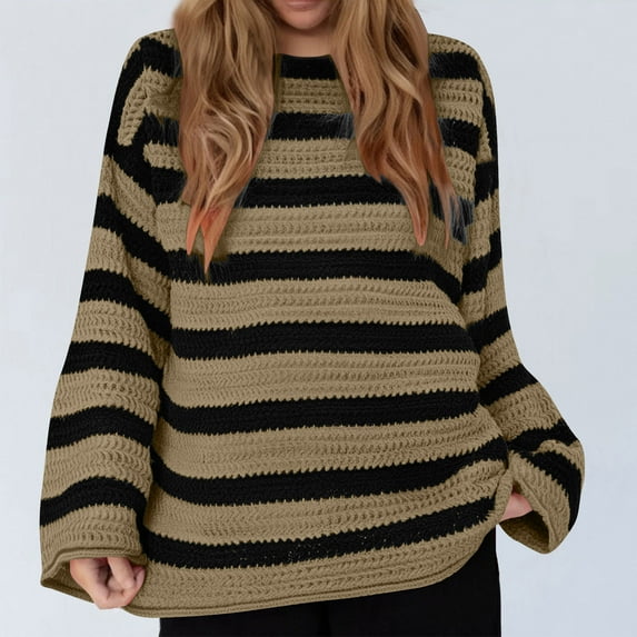Ounisa Women Striped Sweater Oversized Long Sleeve Crew Neck Ribbed Knit 2025 Pullover Sweater Tops for Fall Winter