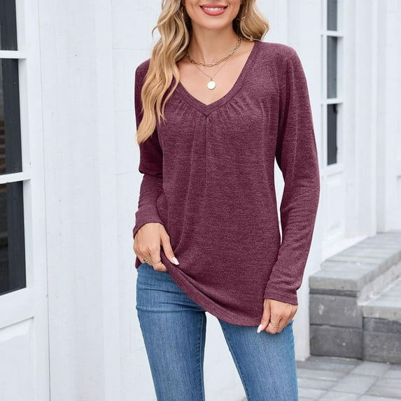 Ounisa Women Tops Long Sleeve Shirts V Neck Loose Fit Soft Casual Solid Color T Shirts Fall Clothing Sweatshirts Sweater Pullover