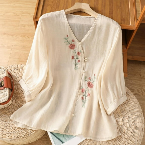 Ounisa Women V Neck Linen Tshirts Women Summer Fall 3/4 Sleeve Relaxed Fit Embroidered Button Tee Shirt Tops