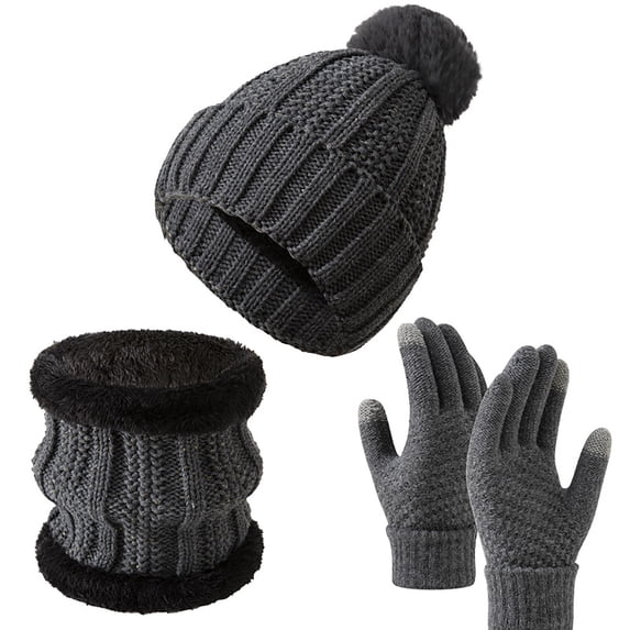 Ounisa Women Winter 3 PCS Accessory Set Ribbed Knit Beanie Hat Multi Purpose Neck Gaiter Face Cover Touchscreen Gloves Warm Cold Weather Kit