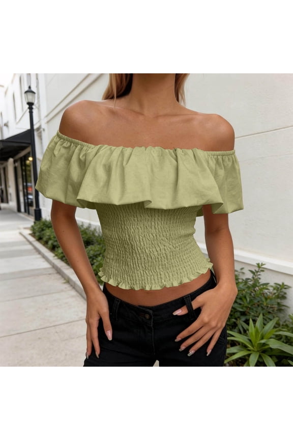 Women Y2k Off The Shoulder Smocked Crop Top Solid Fold Over Ruffle Short Sleeve Slim Fit Shirred Cropped Tee Top