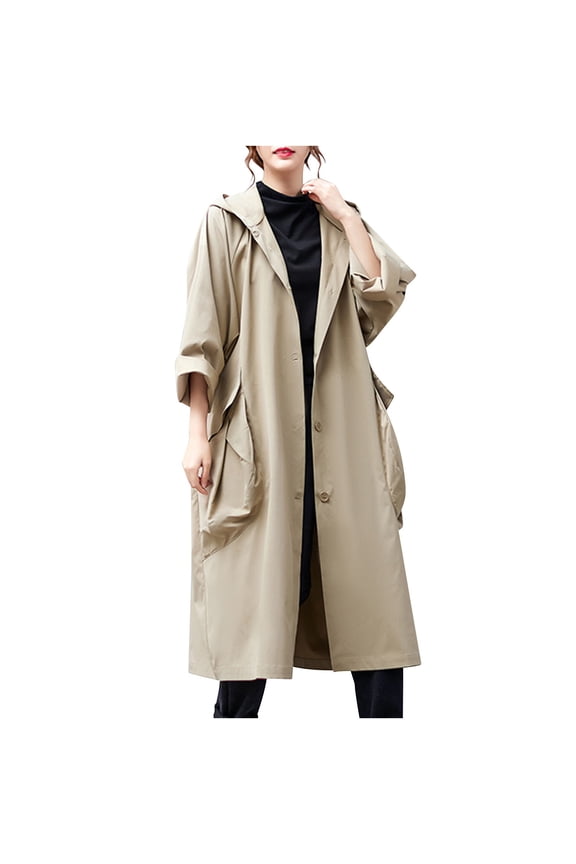 Women's 2024 Fall Oversized Long Trench Coat Single Breasted Windproof Hooded Overcoat with Pockets