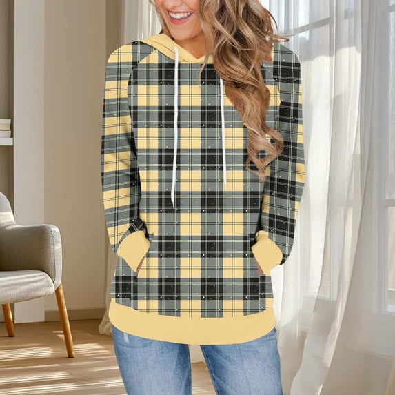 Ounisa Women's 2025 Fall Long Sleeve Hoodie Plaid Pullover Sweatshirt Lightweight Casual Tops Blouse