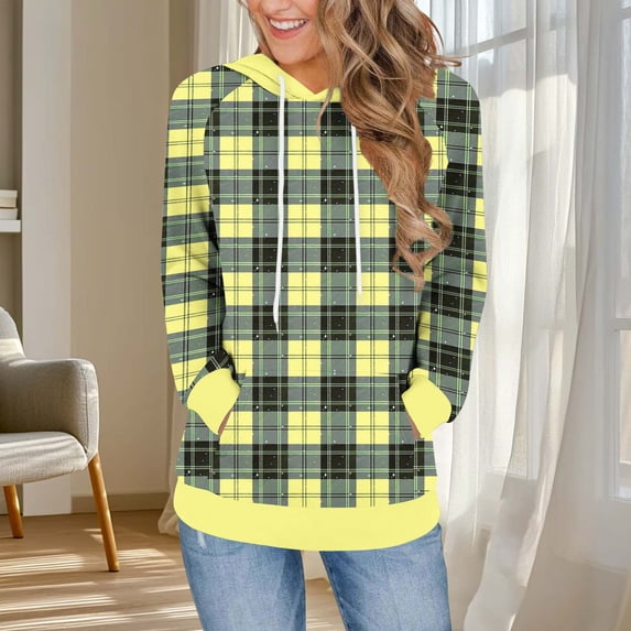 Ounisa Women's 2025 Fall Long Sleeve Hoodie Plaid Pullover Sweatshirt Lightweight Casual Tops Blouse