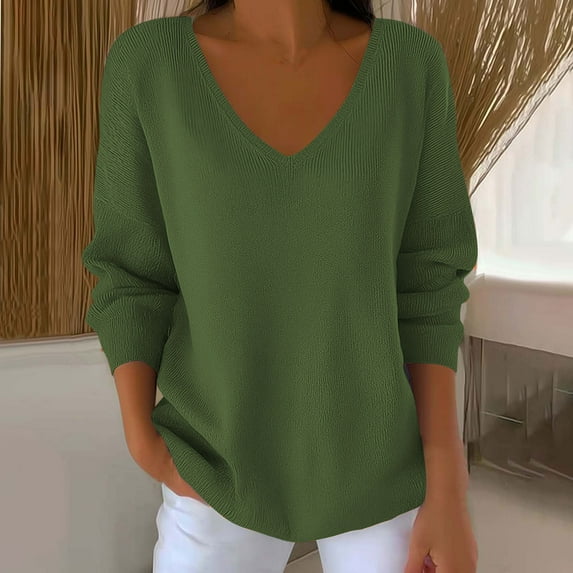 Ounisa Women's 2025 Fall Long Sleeve Sweater V Neck Tops Casual Lightweight Knit Pullover Shirts