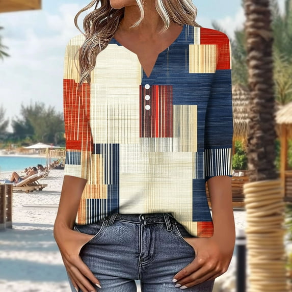 Ounisa Women's 2026 Fashion Tops 3/4 Sleeve Business Casual V Neck Button Blouses Summer Tees Shirts