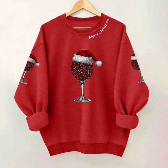 Ounisa Women's Blouse Casual Crew Neck Christmas Sweatshirt Loose Soft Long Sleeve Red Wine Glass Graphic Pullover Tops