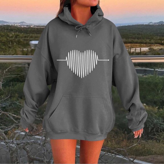 Ounisa Women's Blouse Casual Heart Print Long Sleeve Pullover Hoodie Sweatshirt Tops