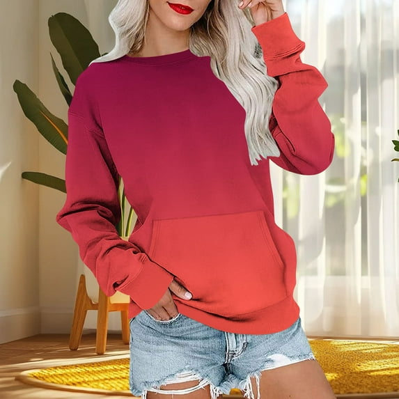 Ounisa Women's Blouse Casual Loose Fit Pocket Shirts Gradient Solid Printed Round Neck Long Sleeve Pocket Loose Tops Drop Sleeved Sweatshirt