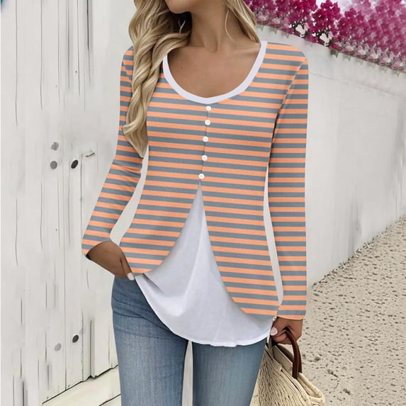 Ounisa Women's Blouse False Two-Piece Long Sleeve T Shirt for Women Trendy Tops Crewneck Stylish Fake Two Piece T Shirt