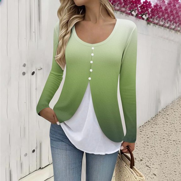 Ounisa Women's Blouse False Two-Piece Long Sleeve T Shirt for Women Trendy Tops Crewneck Stylish Fake Two Piece T Shirt