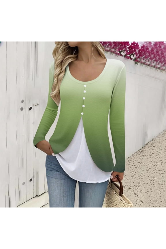 Women's Blouse False Two-Piece Long Sleeve T Shirt for Women Trendy Tops Crewneck Stylish Fake Two Piece T Shirt