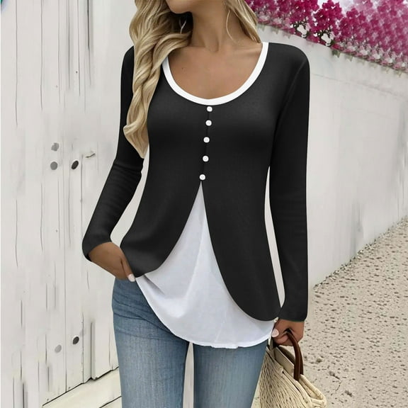 Ounisa Women's Blouse False Two-Piece Long Sleeve T Shirt for Women Trendy Tops Crewneck Stylish Fake Two Piece T Shirt