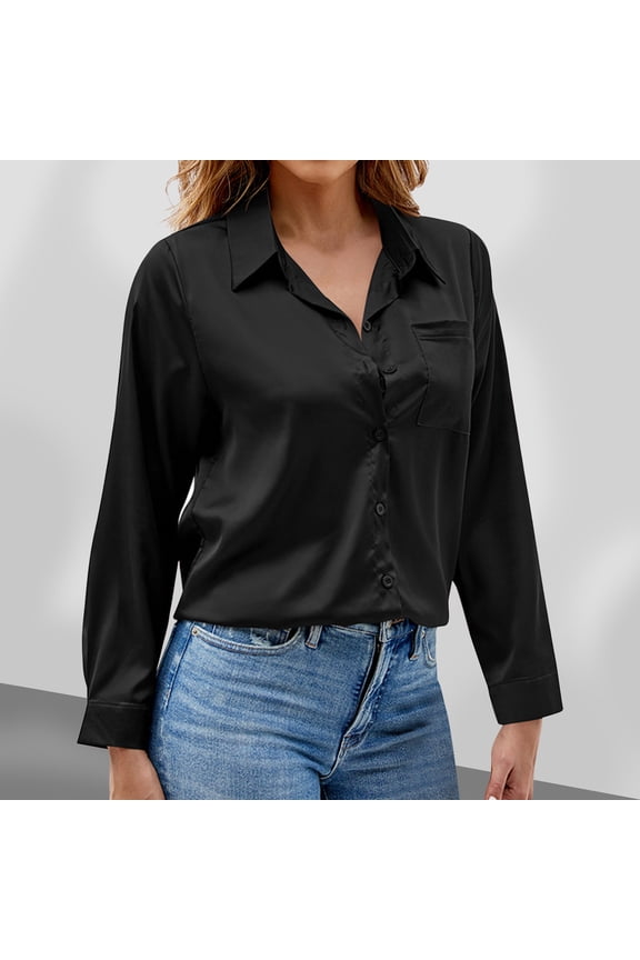 Women's Blouse Satin Silk Shirts Button Down Shirts Casual Loose Long Sleeve Office Work Tunic Tops