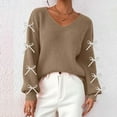 thumbnail image 1 of Ounisa Women's Bow Print Sweaters V Neck Lightweight Sweater Long Sleeve Pullovers Knit Top, 1 of 5