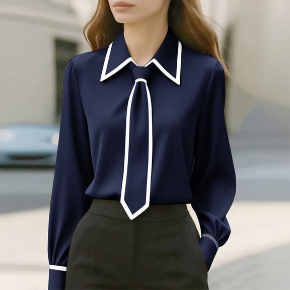 Ounisa Women's Bow Tie Neck Long Sleeve Buttton Cuff Chiffon Elegant Blouse