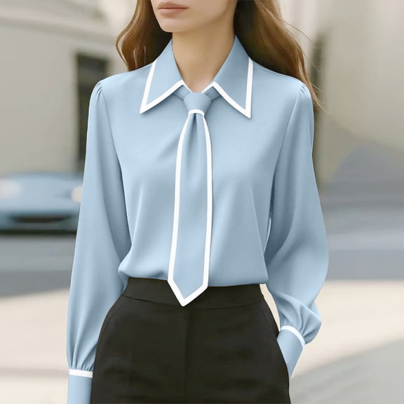 Ounisa Women's Bow Tie Neck Long Sleeve Buttton Cuff Chiffon Elegant Blouse