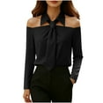 thumbnail image 1 of Ounisa Women's Bow Tie Neck Long Sleeve Off Shoulder Buttton Cuff Chiffon Elegant Blouse, 1 of 9