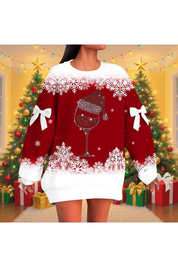 Women's Bow Trim Red Wine Glass Print Fleeced Hoodies Oversized Long Sleeve Hooded Sweatshirts Graphic Drop Shoulder Pullover Top