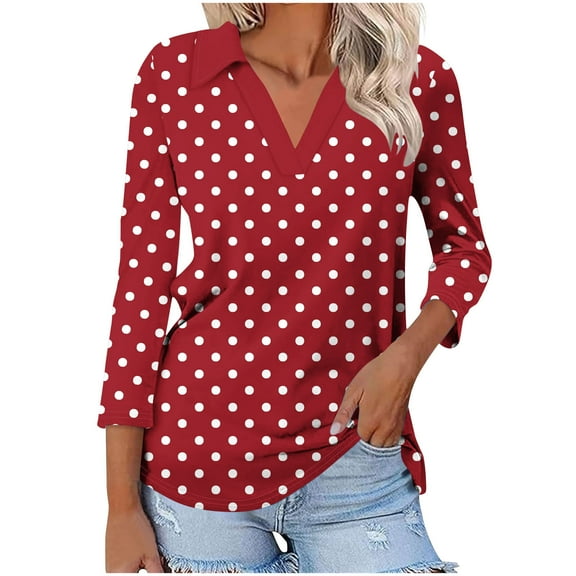 Ounisa Women's Casual Lapel 3/4 Sleeve T-Shirts V Neck Cute Tunic Tops Basic Tees Blouses Business Work Tee Top Fashion Print Casual Shirts
