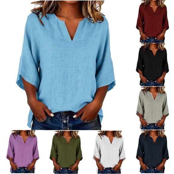 Ounisa Women's Casual Solid Faux Linen V Neck 3/4 Sleeve T Shirt Top Soft Breathable Lightweight Relaxed Fit Summer Blouse