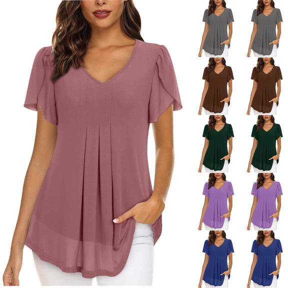 Ounisa Women's Chiffon Petal Sleeve V Neck Ruffled Short Sleeve Top Soft Flowy Breathable Lightweight Feminine Blouse