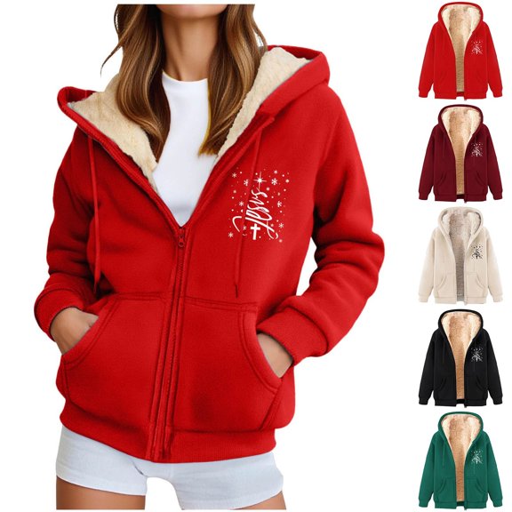 Ounisa Women's Christmas Fleece Hooded Sweatshirt Jacket, Soft Warm Holiday Pullover with Cozy Lining for Seasonal Comfort