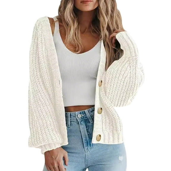 Ounisa Women's Chunky Knit Open Front Sweater Long Sleeve Button Loose Short Cardigan Outerwear Coats
