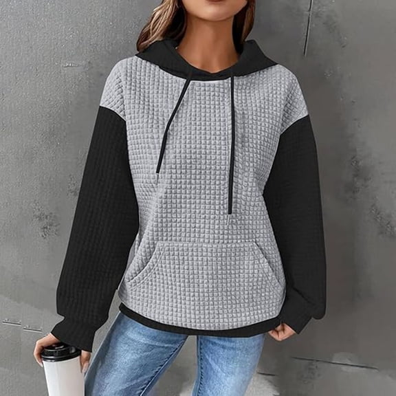 Ounisa Women's Coats Hooded Sweatshirt Long Sleeve Drawstring Knit Color Block Hoodies Sweater Pullover