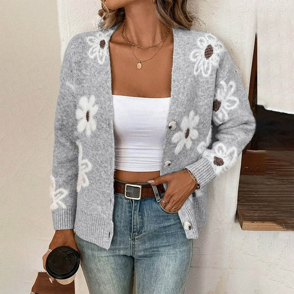 Ounisa Women's Coats Ribbed Knit Cardigans Jackets Embroidery Aesthetic Pretty Flowers Applique Button up Sweater Autumn Winter Loose Casual Tops