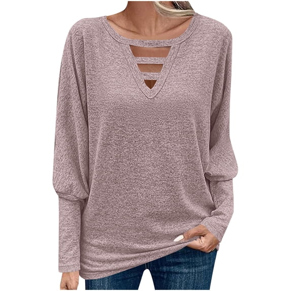 Ounisa Women's Coats Tops Cutout Deep V Neck Choker Tee Lantern Sleeve Fall Winter Tunic Tops Shirts