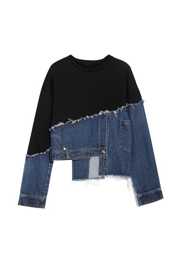 Women's Coats Tops Denim Patchwork Lapel Shirt Long Sleeve Round Collar Button Down Irregular Jean Blouse