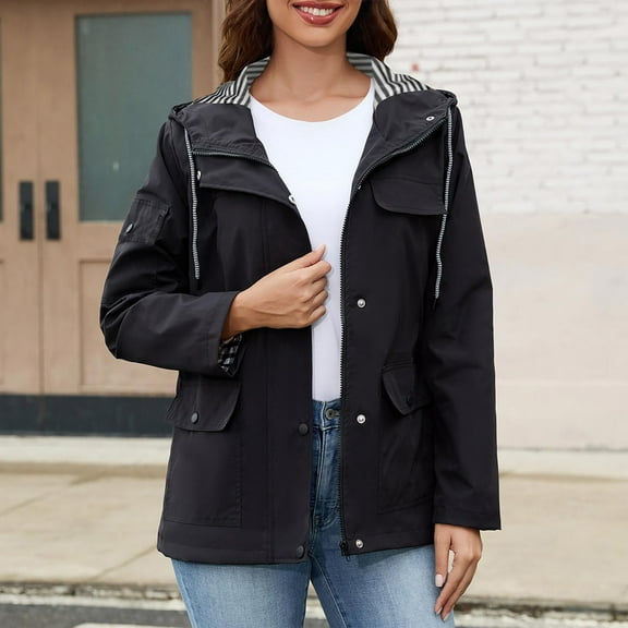 Ounisa Women's Coats Tops Waterproof Rain Jacket Short Raincoat Hooded Windbreaker Trench Outerwear