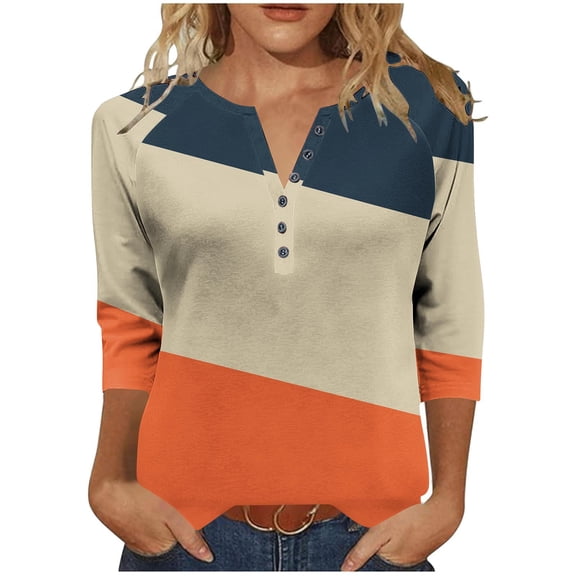 Ounisa Women's Color Block Tops Casual 3/4 Sleeve Tunic Button Up Clothes V Neck Pullover Loose Shirts