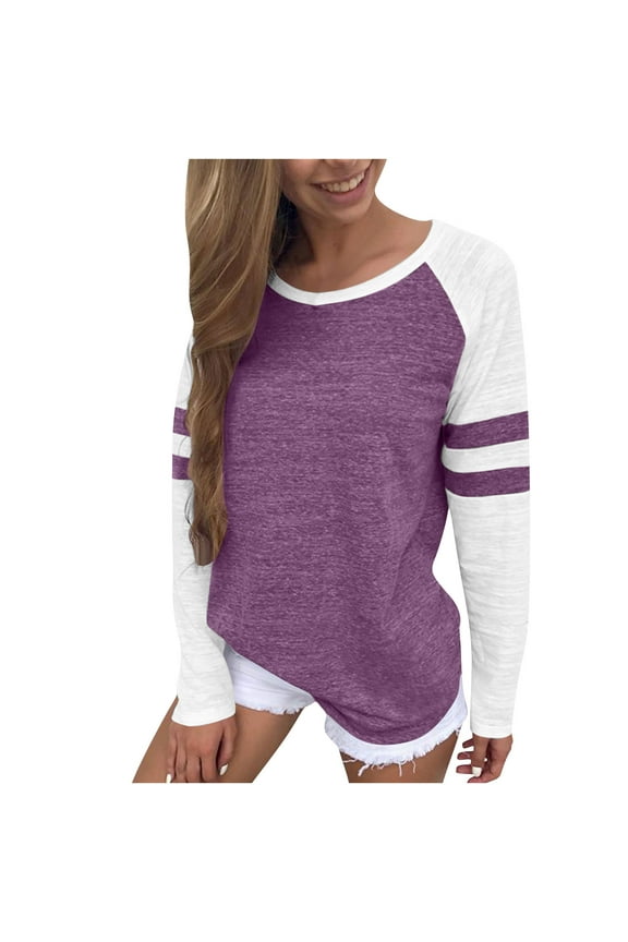 Women's Color Block Tunic Tops Casual Long Sleeve Shirts Round Neck Pullover Three-Color Striped Color Block Top