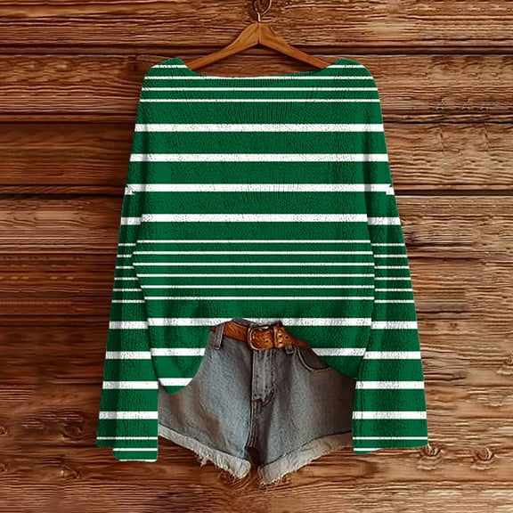 Ounisa Women's Crewneck Cropped Sweatshirt Stripe Pullover Basic Long Sleeve Shirts Casual Loose Fit Outfits