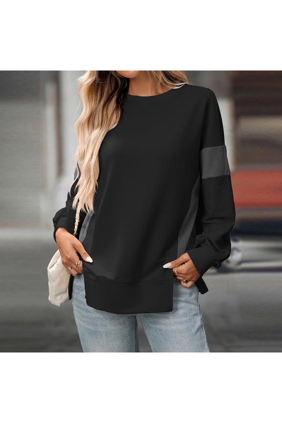 Women's Curved Hem Long Sleeve Sweaters, Side Split Crew Neck Tunic Tops Loose Fit Shirts Basic Pullover