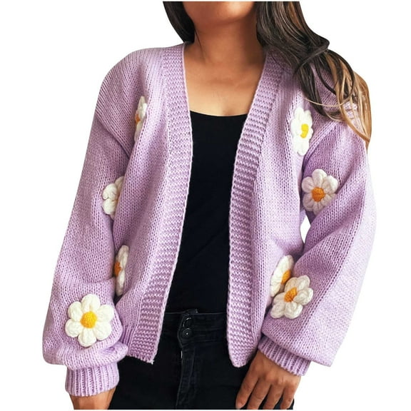 Ounisa Women's Cute Floral Print Cardigan Long Sleeve Button Up Cardigans Sweater Flower Decoration Casual Cardigan Sweater