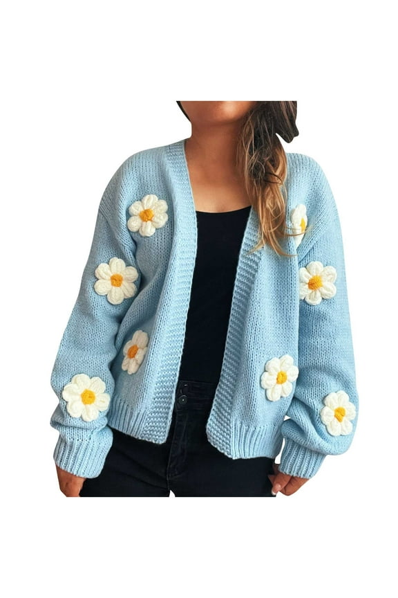 Women's Cute Floral Print Cardigan Long Sleeve Button Up Cardigans Sweater Flower Decoration Casual Cardigan Sweater