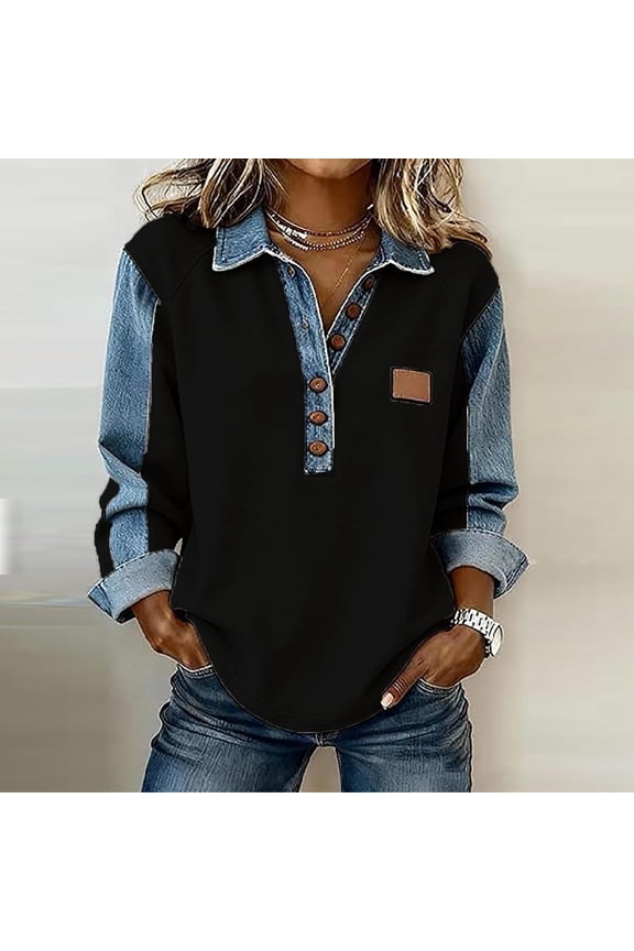 Women's Denim Patchwork Sweatshirts, Long Sleeve Denim Lapel V Neck Buttons Closure Pullover Tops,Casual Waffle Knit Top