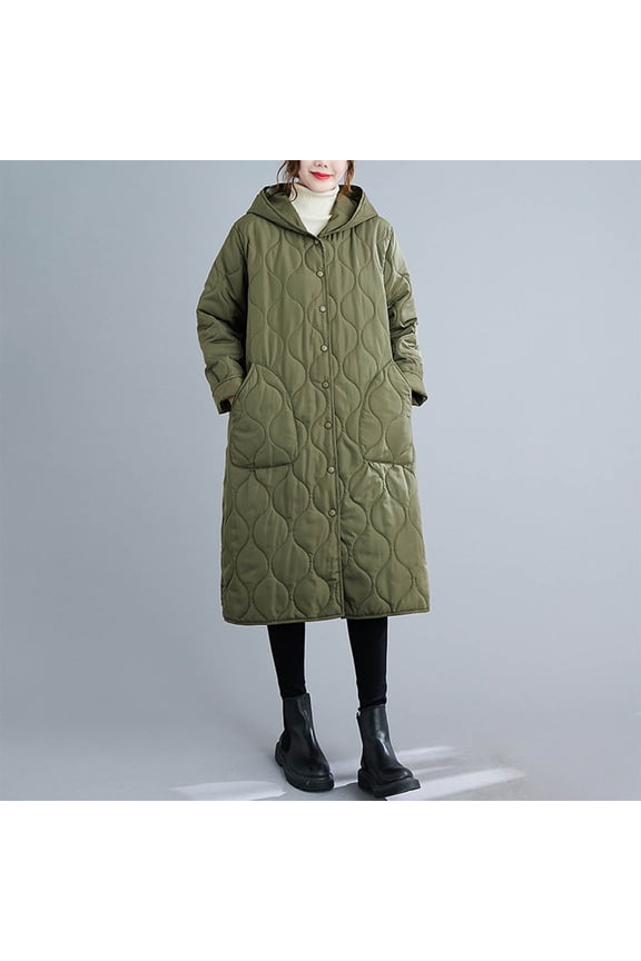 Women's Diamond Quilted Jacket Zipper Up Hooded Long Lightweight Padding Down Coat with Pockets