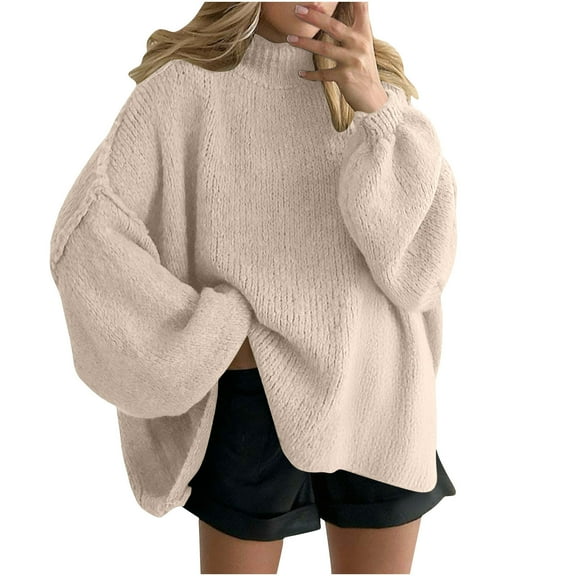Ounisa Women's Fall Knitted Pullover Sweaters Casual Crewneck Long Sleeve Cable Knit Tops Winter High Neck Sweater