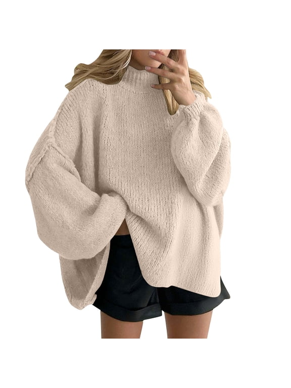 Women's Fall Knitted Pullover Sweaters Casual Crewneck Long Sleeve Cable Knit Tops Winter High Neck Sweater