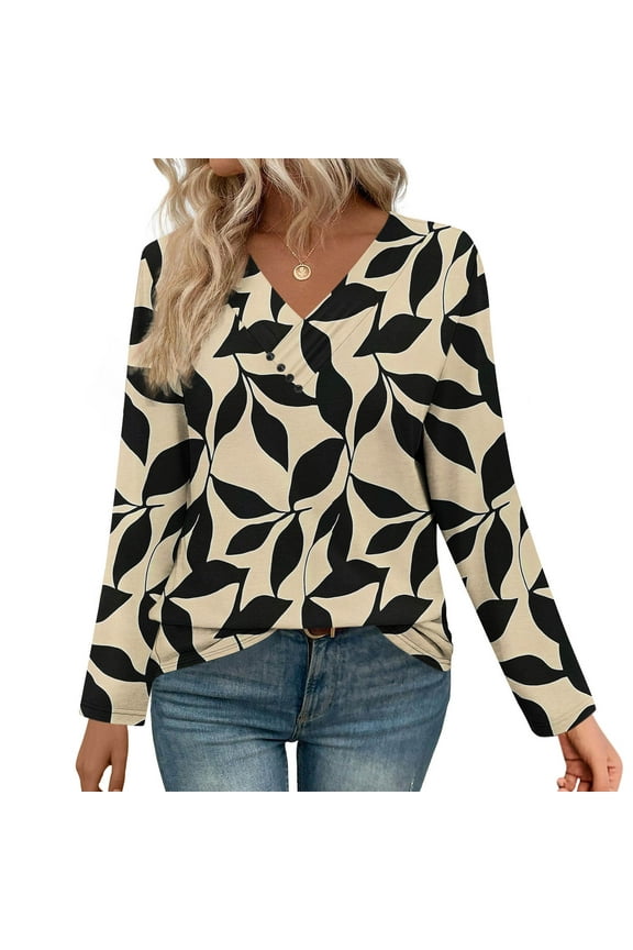 Women's Fall Long Sleeve Tunic Tops for Leggings V Neck Button Casual Leaf Print Blouse Sweatshirt