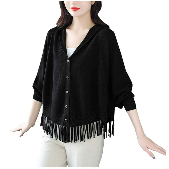 Ounisa Women's Fall Winter Elegant Button Down Sweater Cardigan V Neck Tassels Fringe Crop Knit Coat