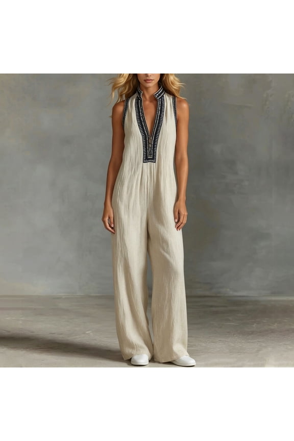 Women's Fashion Color Block V Neck Jumpsuit Zip Mandarin Collar Sleeveless Flowy Long Romper